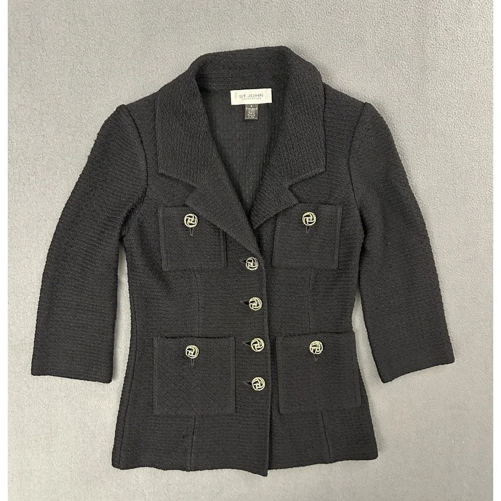 ST JOHN COLLECTION Classic Knit Sweater Blazer Size 0 Black Women Jacket Pockets